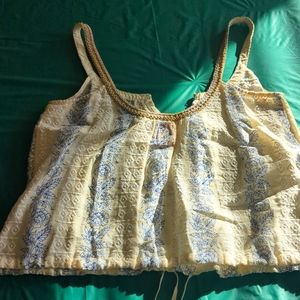 Free people linen tank top beaded boho style hippie gypsy drawstring adjustable